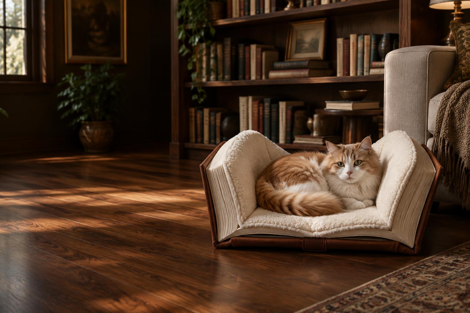 Cat resting in an open-book shaped bed in a warm reading room