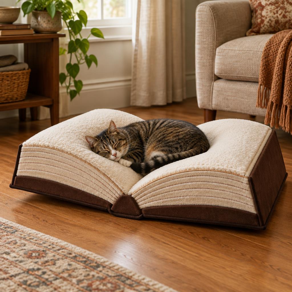 Open-book inspired plush cat bed