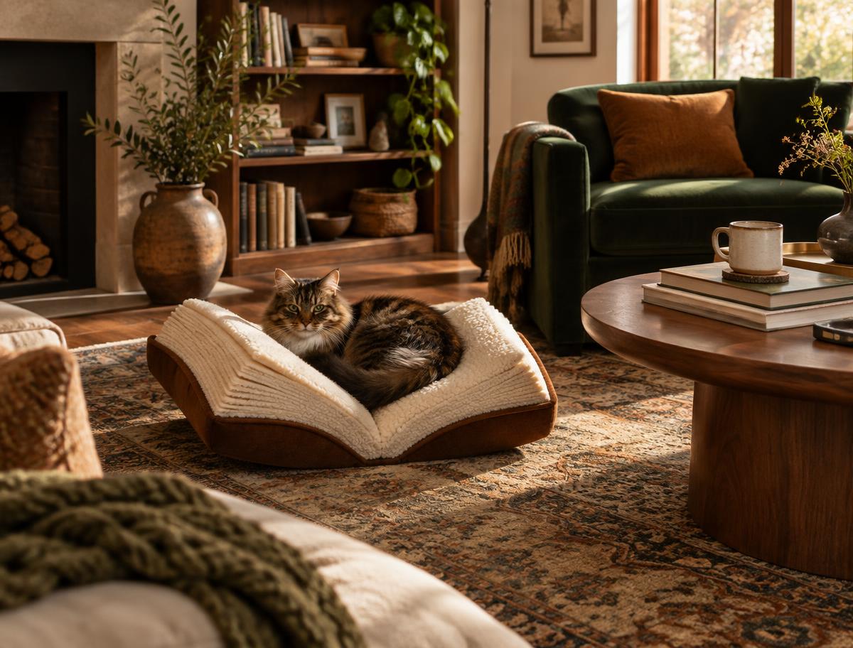 Cat curled in a cozy bed in a warm living room